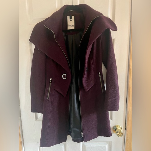 SOIA & KYO Womens XS Deep Purple Wool Blend Coat Double Collar Slim Fit - Picture 2 of 6